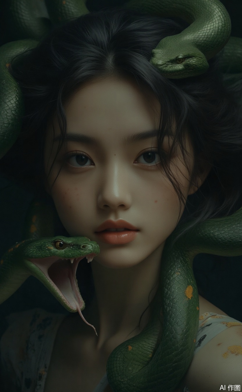 side view, head tilted, a highly detailed digital painting of a young woman with fair skin and freckles, featuring a strikingly realistic style. She has long, dark, wavy hair and expressive green eyes. Her lips are full and slightly parted, giving her a serene yet enigmatic expression. Surrounding her head are three large, green snakes with orange spots, their forked tongues extended as if they are about to taste the air. The snakes' scales are intricately detailed, adding texture to the image. The woman is wearing a light-colored, floral-patterned dress that contrasts with the dark, almost black background. The camera angle is a close-up, focusing on her face and the upper part of her body, with the snakes coiled around her head and shoulders. The lighting highlights her smooth skin and the glossy texture of the snakes' scales, creating a dramatic and slightly surreal atmosphere.