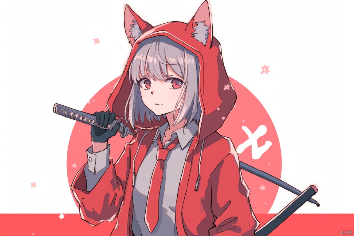 1girl, 

white background, thick eyebrows, red jacket, animal ears, red background, looking at viewer, hair between eyes, necktie, upper body, hood, holding sword, hood up, shirt, collared shirt, katana, short eyebrows, red necktie, grey shirt, long sleeves, black gloves, wide sleeves, short hair, grey hair, red eyes, sword, two-tone background, holding, holding weapon, sheath, solo, gloves, sheathed, animal hood, jacket, weapon, closed mouth, fake animal ears, hooded jacket,

masterpiece, newest, absurdres, safe