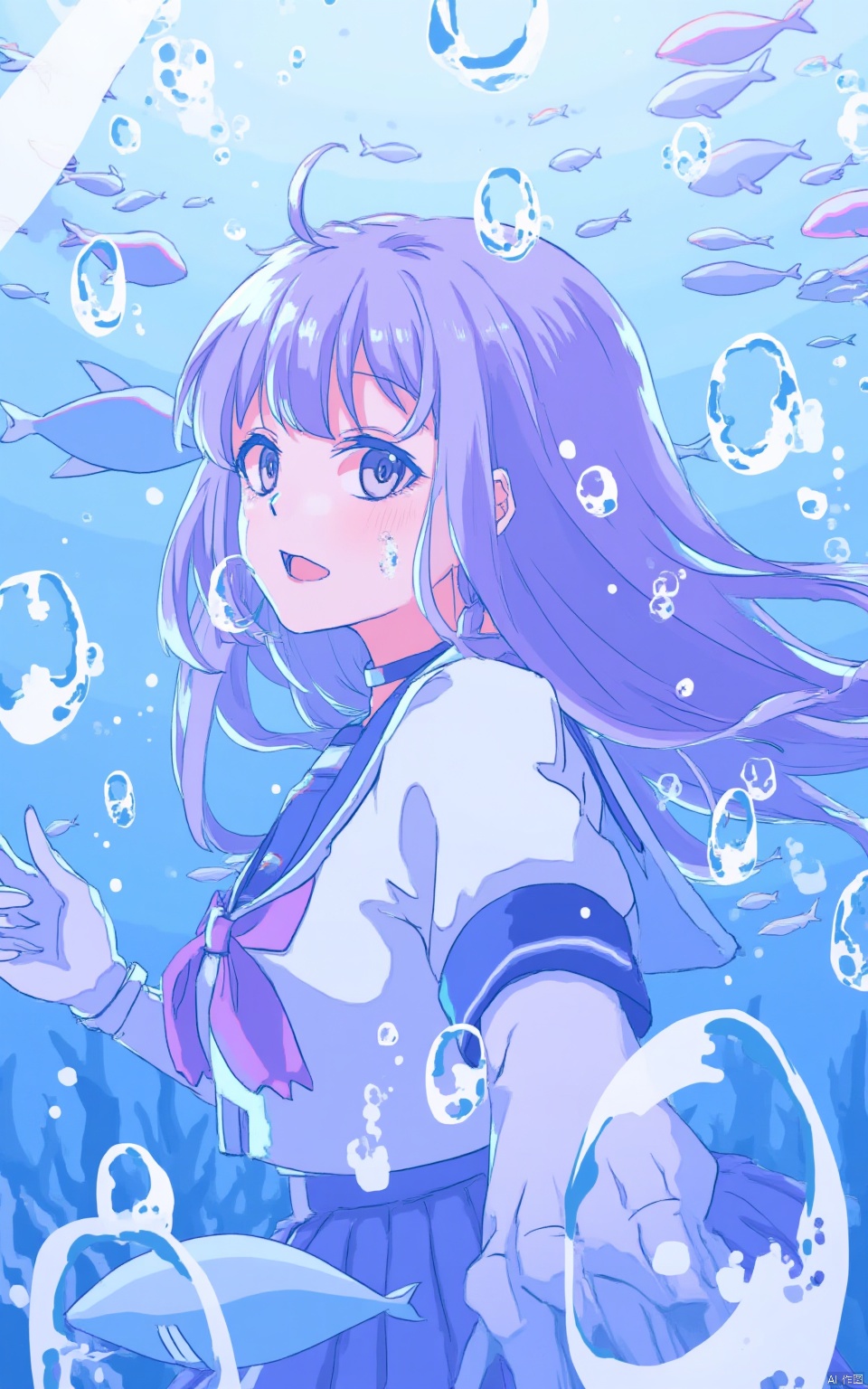 1girl, 

Ichigo Ame, bubble, air bubble, sideways glance, elbow gloves, serafuku, looking at viewer, brown eyes, water, pov hands, upper body, blue serafuku, bowtie, long hair, submerged, open mouth, fish, purple bowtie, choker, sailor collar, purple bow, purple hair, blue sailor collar, hand grab, looking to the side, parted lips, bow, from side, tareme, aquarium, gloves, white sleeves, pov, blush, short sleeves, school uniform, parted bangs, solo focus, out of frame, purple gloves, sidelocks,

masterpiece, newest, absurdres, safe