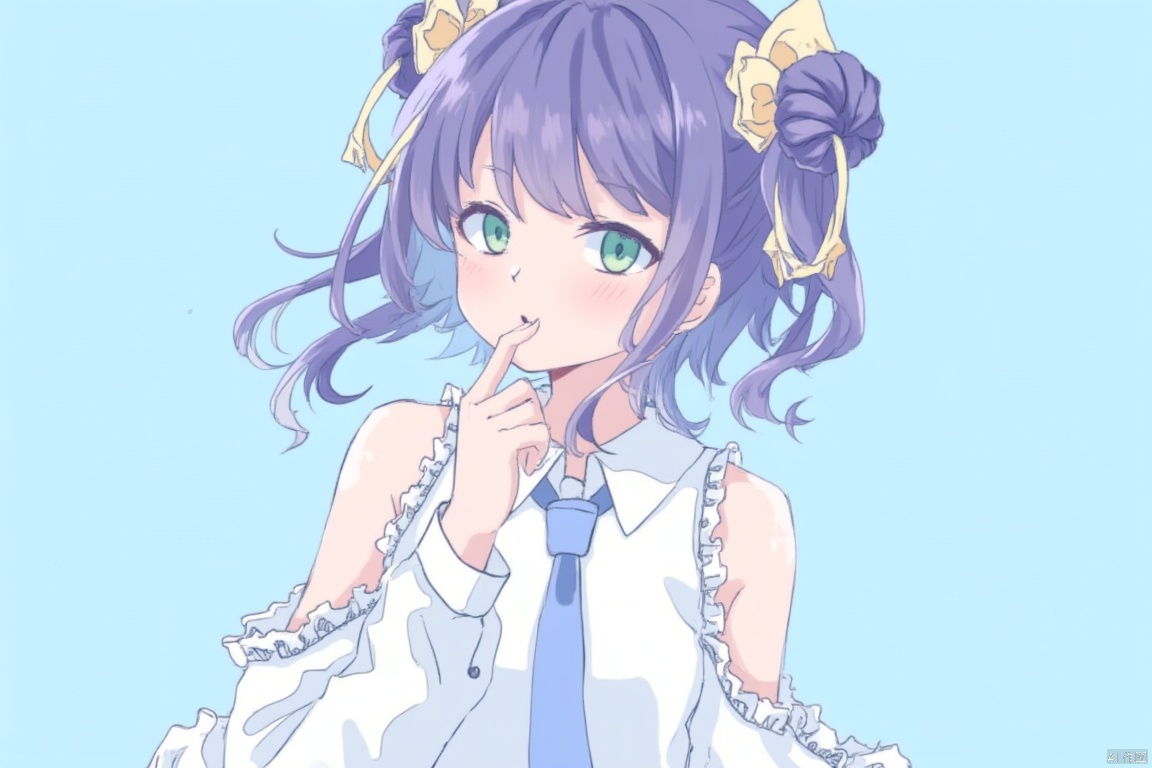 1girl, 

white shirt, messy hair, green eyes, sleeveless shirt, alternate eye color, expressionless, hair between eyes, necktie, upper body, single hair bun, blue background, ribbon-trimmed sleeves, shirt, collared shirt, hair bun, hair tubes, frills, alternate neckwear, frilled bow, detached sleeves, sleeveless, purple hair, blue necktie, white pupils, short hair, buttons, looking to the side, bow, long bangs, short hair with long locks, ribbon trim, blush, bright pupils, yellow bow, :|, frilled hair tubes, red bow, closed mouth, hair bow, solo, sidelocks,

masterpiece, newest, absurdres, safe