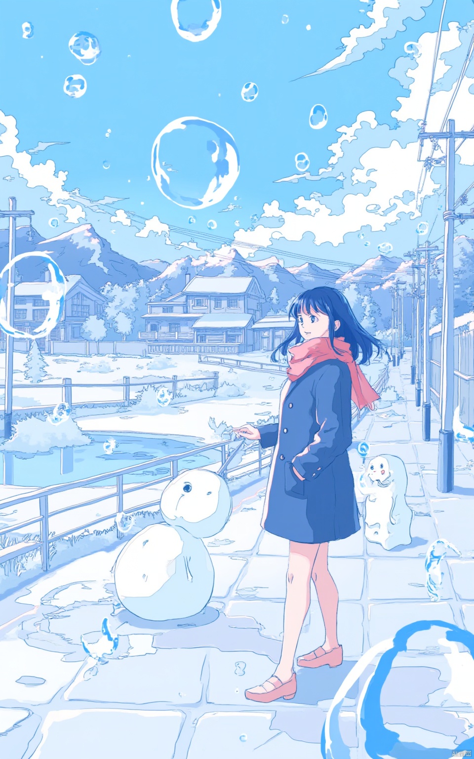 1girl, 

Ichigo Ame, bubble, coat, snow, outdoors, hanten (clothes), blue coat, low ponytail, snowman, ponytail, sky, tree, pond, long hair, bare legs, bubble pipe, winter, long sleeves, snowing, house, mountain, scenery, black hair, smile, red scarf, cloud, stone floor, holding, from side, power lines, walking, full body, day, hair tie, sidelocks, solo, pixel art, scarf, blue sky,

masterpiece, newest, absurdres, safe