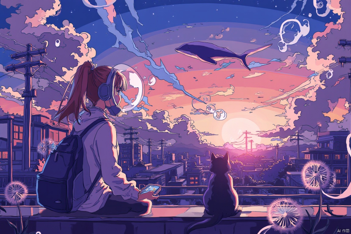 1girl, 

Ichigo Ame, bubble, satellite dish, helmet, from behind, radio antenna, glowing, outdoors, cat, planet, spacecraft, spacesuit, ponytail, sky, bird, window, long hair, building, outstretched hand, fishbowl helmet, sunset, dandelion, scenery, sitting, bridge, black cat, silhouette, wide shot, bag, cloudy sky, cloud, whale, sun, moon, night, power lines, gloves, backpack, animal, dusk, light rays, flower, brown hair, solo focus, fantasy,

masterpiece, newest, absurdres, safe