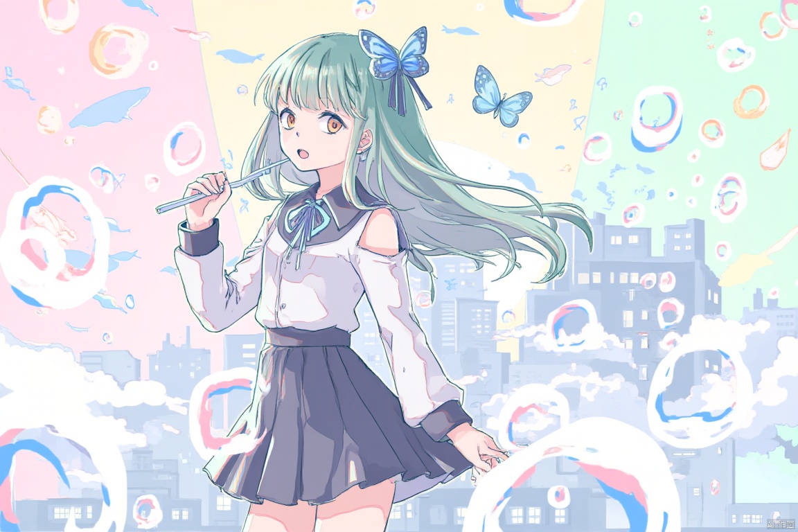 1girl, 

Ichigo Ame, bubble, white shirt, skin fang, blunt ends, dress, standing, black dress, :d, looking at viewer, brown eyes, ribbon, fang, blunt bangs, shirt, collared shirt, green hair, long hair, bubble pipe, open mouth, notice lines, long sleeves, black sleeves, detached sleeves, v-shaped eyebrows, neck ribbon, buttons, multicolored background, smile, cowboy shot, shirt around waist, holding, short dress, blue ribbon, blush, school uniform, hair ornament, solo, clothes around waist, grey dress, sidelocks, butterfly hair ornament,

masterpiece, newest, absurdres, safe