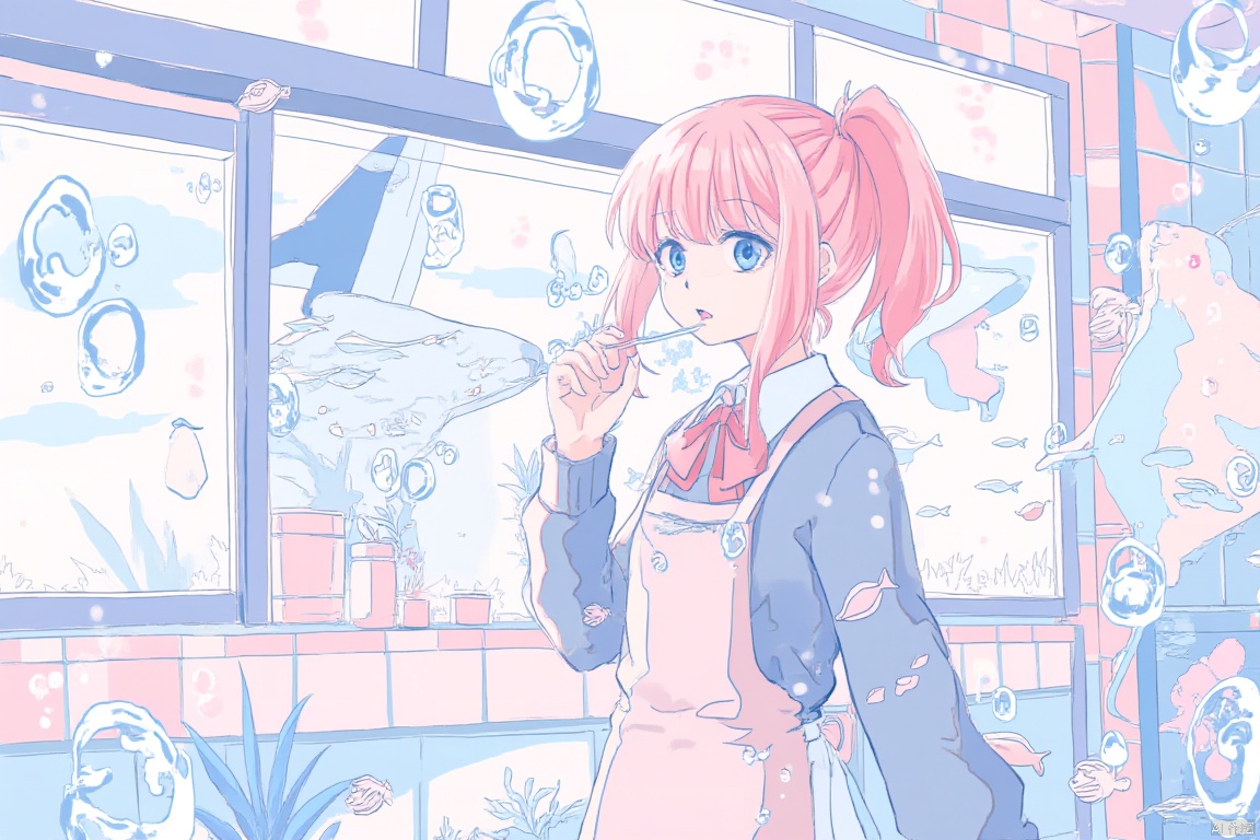 1girl, 

Ichigo Ame, bubble, holding plant, plant, indoors, white fur, blue sweater, :d, whale print, water, solid oval eyes, upper body, pink apron, ponytail, fish print, red nails, sweater, tile wall, window, no horn, bubble print, long sleeves, hands up, animal print, sleeves pushed up, pink hair, short hair, smile, tongue, facing to the side, no humans, blush stickers, bow, print apron, holding, tongue out, tiles, apron, hand on glass, holding animal, animal, snake, red bow, solo, bowtie,

masterpiece, newest, absurdres, safe