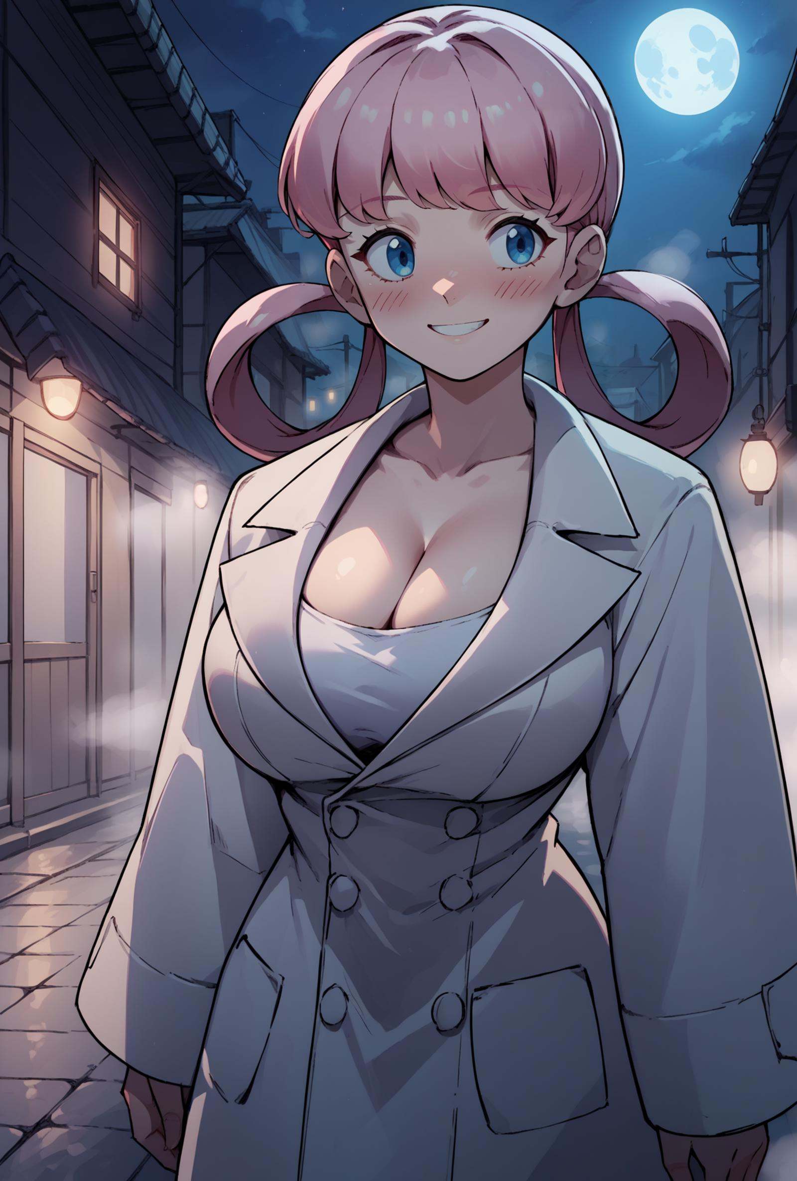 large breasts,  smile,  white trench coat on Tensor.Art