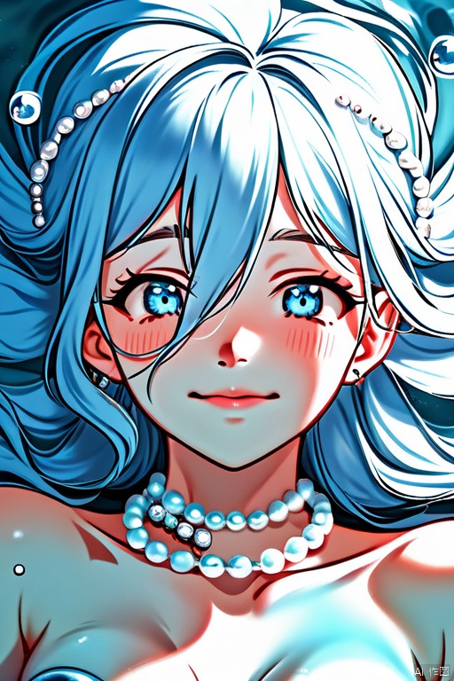 1girl, solo, long hair, looking at viewer, blush, smile, bangs, blue eyes, blonde hair, jewelry, closed mouth, upper body, necklace, hair bun, bracelet, parted bangs, double bun, blue background, monster girl, bubble, beads, underwater, air bubble, hands on own face, mermaid, head fins, bead bracelet, shell, hands on own cheeks, pearl necklace, pearl \(gemstone\), shell bikini, pearl bracelet, shell necklace