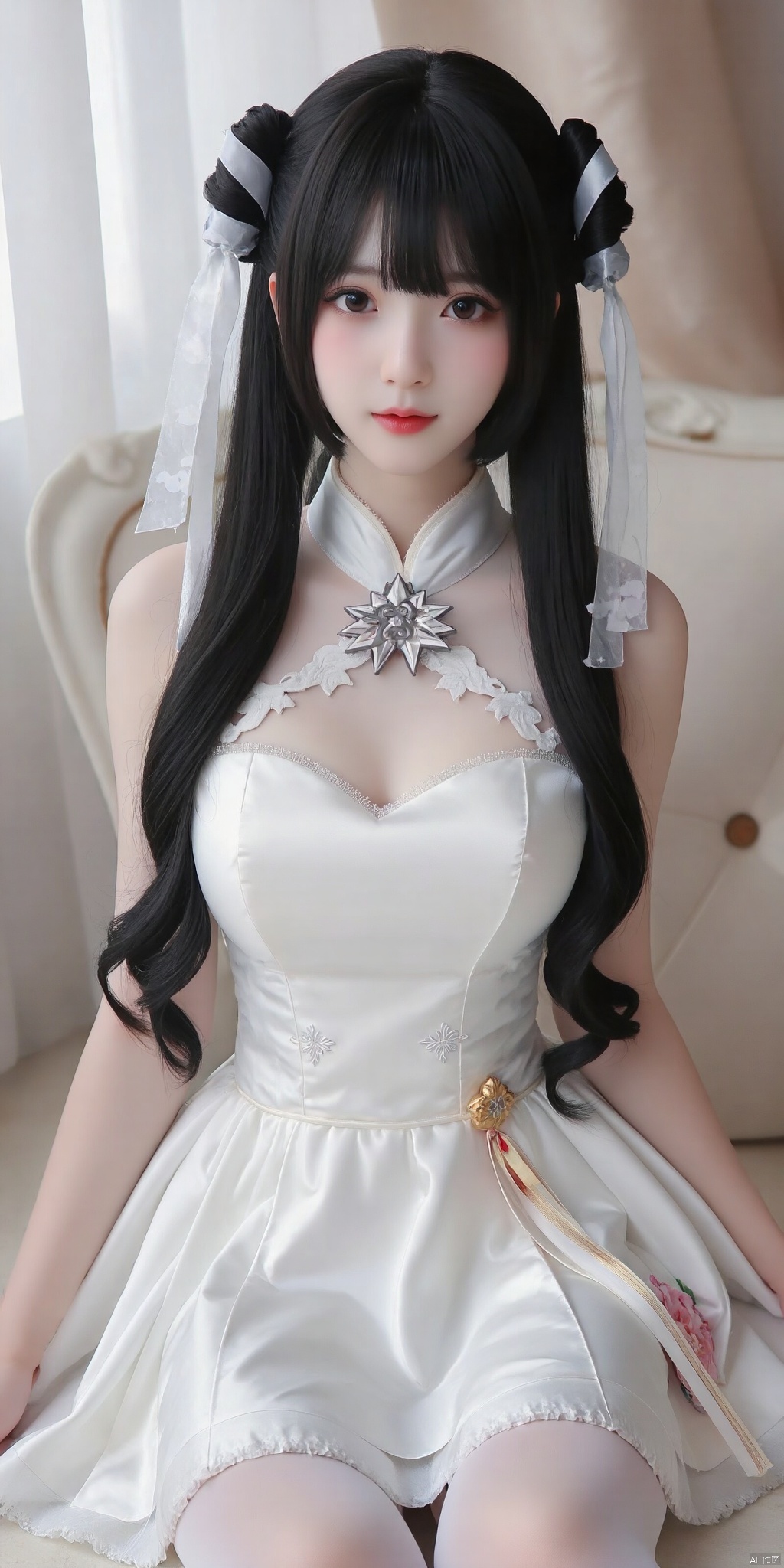 cpdd，One girl, Loli, long black hair, full body, sitting, In white pantyhose, Lolita,Show your thighs, spread your legs，Republic of China cheongsam