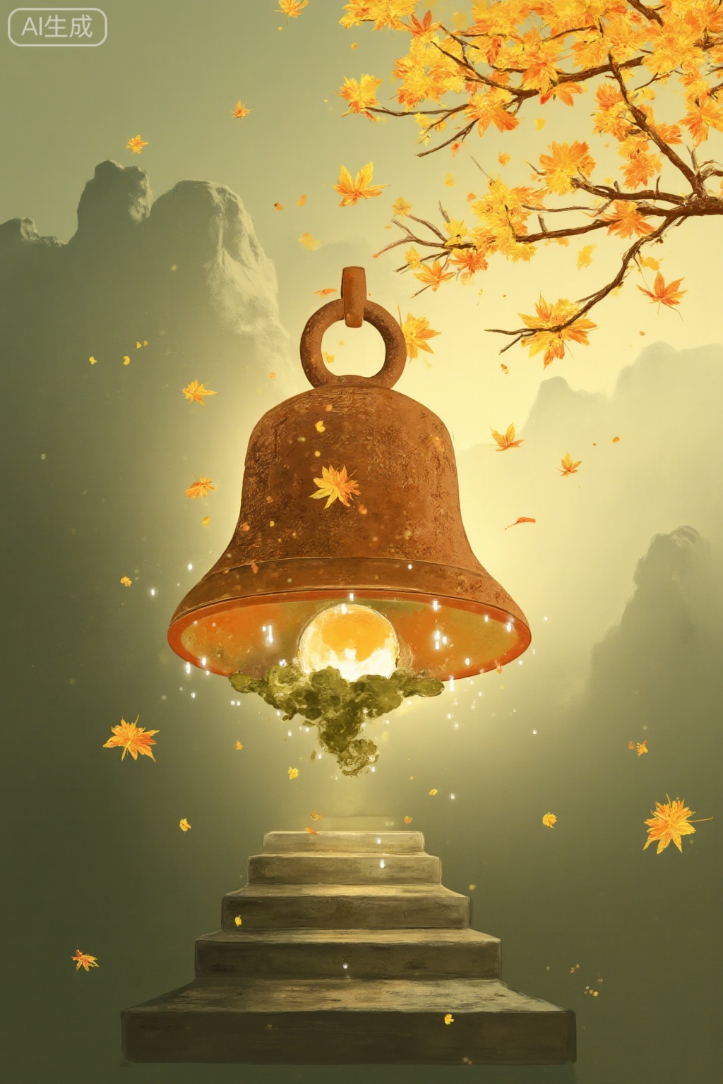 A copper bell-shaped pottery pot hangs upside down on the stone steps of the ancient temple. Dewdrops in the shape of maple leaves condense on the pot body, and the surface is covered with moss and cracks. The maple branch on the right hangs down, and dewdrops roll down along the leaf veins into the pot. The background has a gradient from green gray to light gold, the distant mountain shadows are shrouded in mist, the ground is scattered with wet maple leaves, and there is a faint ethereal echo from the bell. "