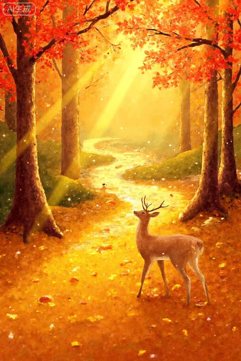 This painting shows a quiet and poetic autumn forest scene, the subject is an elegant sika deer. Covered in light brown fur, it stopped on the forest path covered with golden and orange-red fallen leaves, raising its head slightly as if listening to the whisper of the autumn wind. The surrounding trees are tall and straight, and their branches and leaves have turned into brilliant colors, including deep red, orange and dark purple. The sunlight slants down from the upper left corner of the picture, forming golden beams that pass through the sparse branches and leaves and shine on the deer's body and fallen leaves. The light and shadow intertwine, creating a warm and mysterious atmosphere. In the distance, a winding stream can be vaguely seen. The stream sparkles with little silver light under the sunlight, adding a touch of agility to the picture. The overall style has a natural and realistic charm, highlighting the vitality and tranquility of the autumn forest.