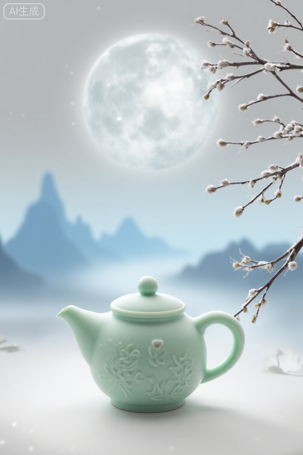 Snow under the moon
The celadon teapot is covered with a thin layer of white frost, and the surface is engraved with reed patterns. The background is a gradient of silver gray and moon white, with a few wisps of fluttering reed catkins hanging from the dead branches on the right side. The mountain shape in the distance glows blue under the moonlight, and the ground is covered with fine reed leaves, showing the tranquility of the autumn night.