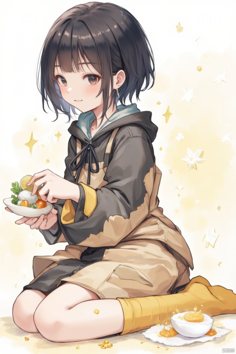 1girl, solo, looking at viewer, smile, black hair, long sleeves, sitting, food, socks, hood, black eyes, fruit, egg, yellow socks