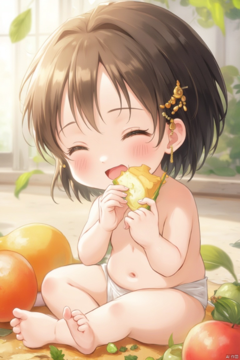 1girl, solo, smile, short hair, black hair, hair ornament, sitting, underwear, panties, closed eyes, food, barefoot, teeth, white panties, blurry, feet, fruit, child, realistic, female child, indian style