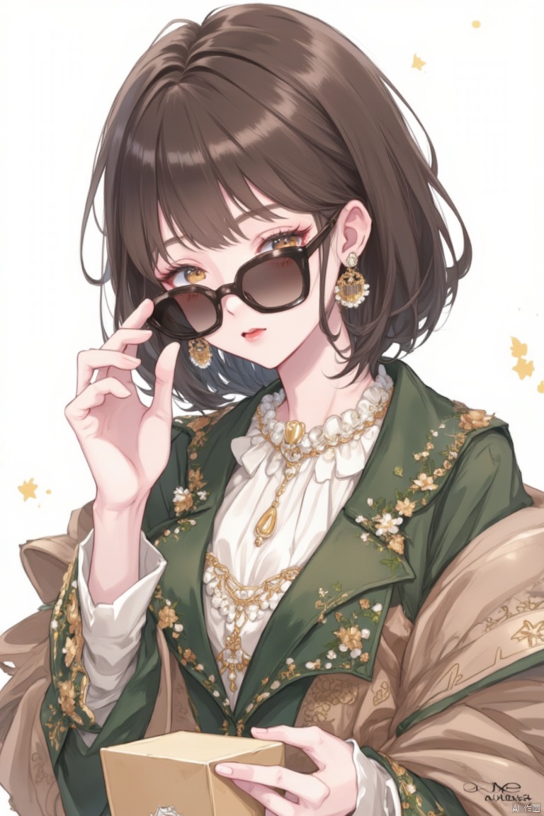 1girl, solo, looking at viewer, simple background, brown hair, black hair, white background, jewelry, necklace, lips, coat, sunglasses, box, adjusting eyewear, pearl necklace, flower necklace