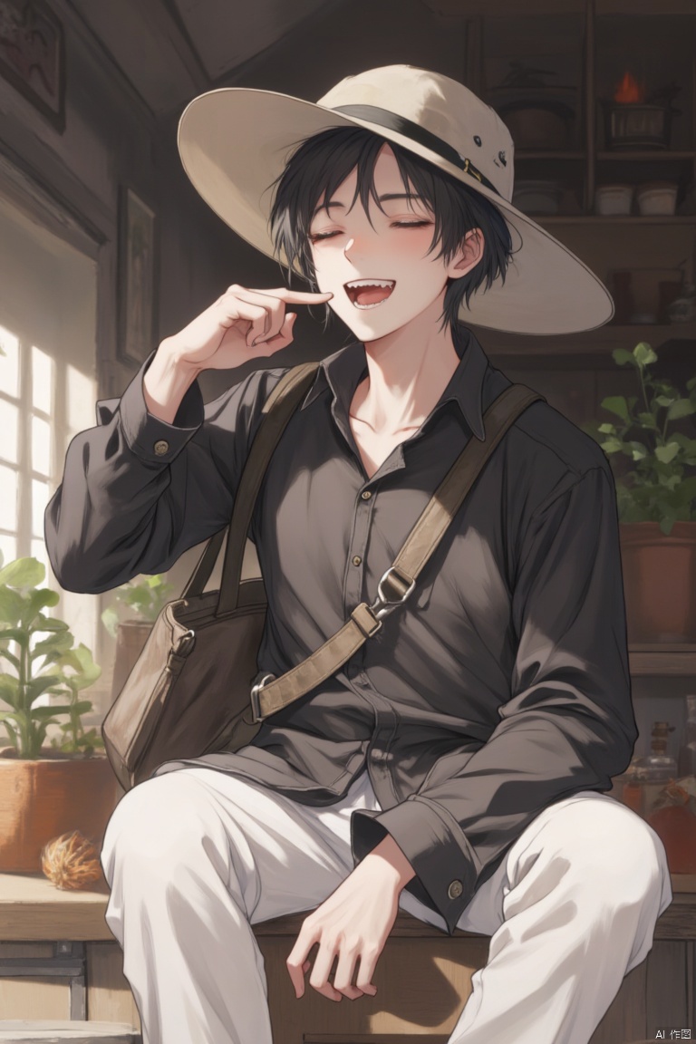 solo, open mouth, shirt, black hair, long sleeves, 1boy, hat, sitting, closed eyes, male focus, teeth, pants, indoors, bag, white headwear, child, shoulder bag, realistic, white pants, male child
