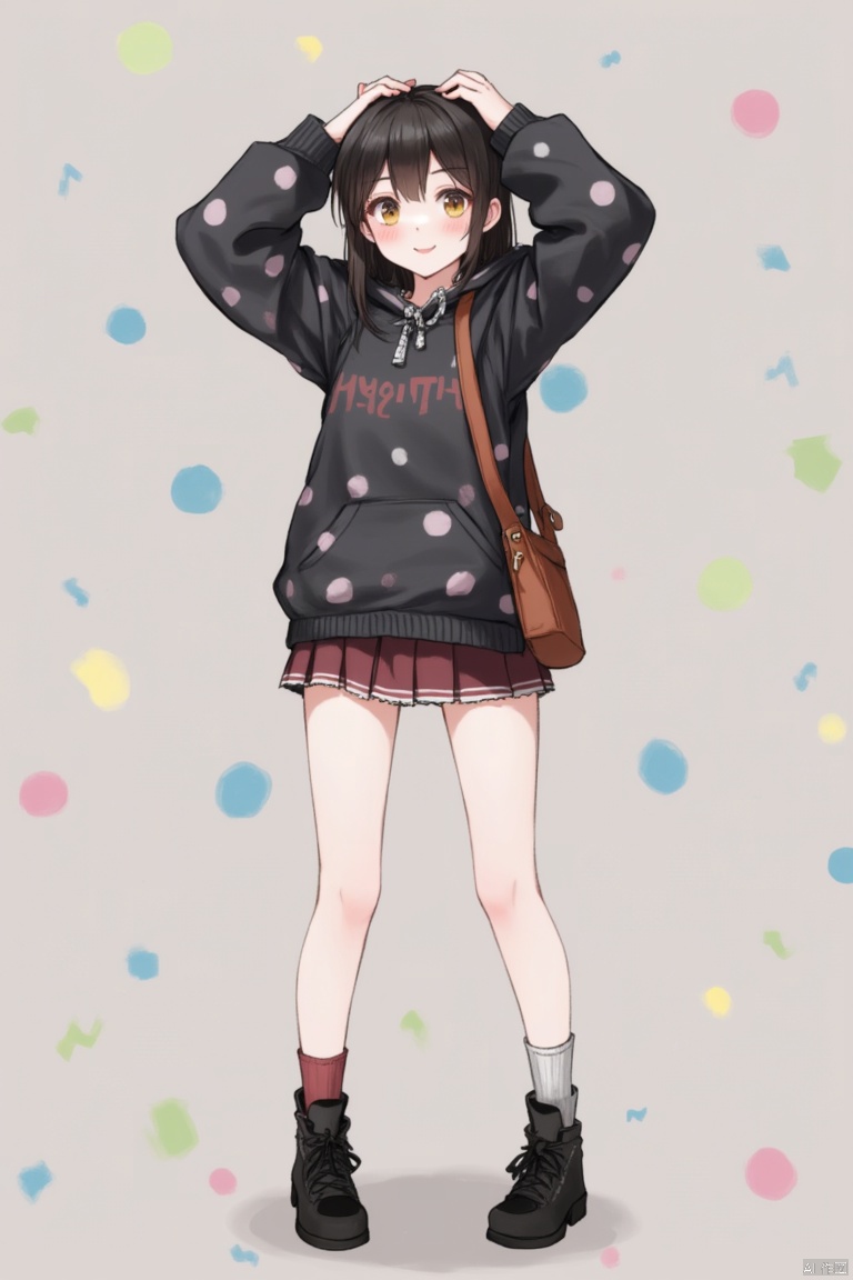 1girl, solo, looking at viewer, smile, open mouth, brown hair, black hair, long sleeves, standing, full body, socks, hood, arms up, polka dot