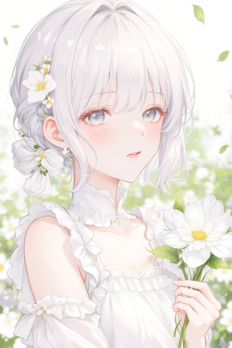 1girl, solo, looking at viewer, blush, bangs, hair ornament, dress, holding, upper body, flower, white hair, parted lips, hair flower, white dress, grey eyes, white flower, holding flower, red lips