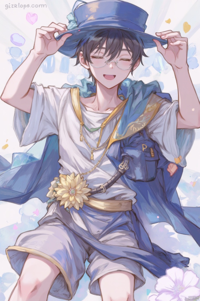 solo, smile, open mouth, black hair, 1boy, hat, sitting, male focus, glasses, shadow, parody, cover, blue headwear