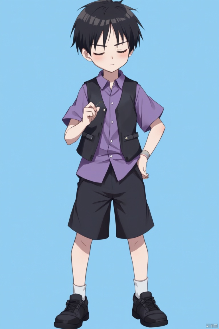 solo, short hair, shirt, black hair, 1boy, standing, full body, closed eyes, short sleeves, male focus, shoes, shorts, hand up, black footwear, vest, blue background, black shorts, child, bandaid, purple shirt, male child