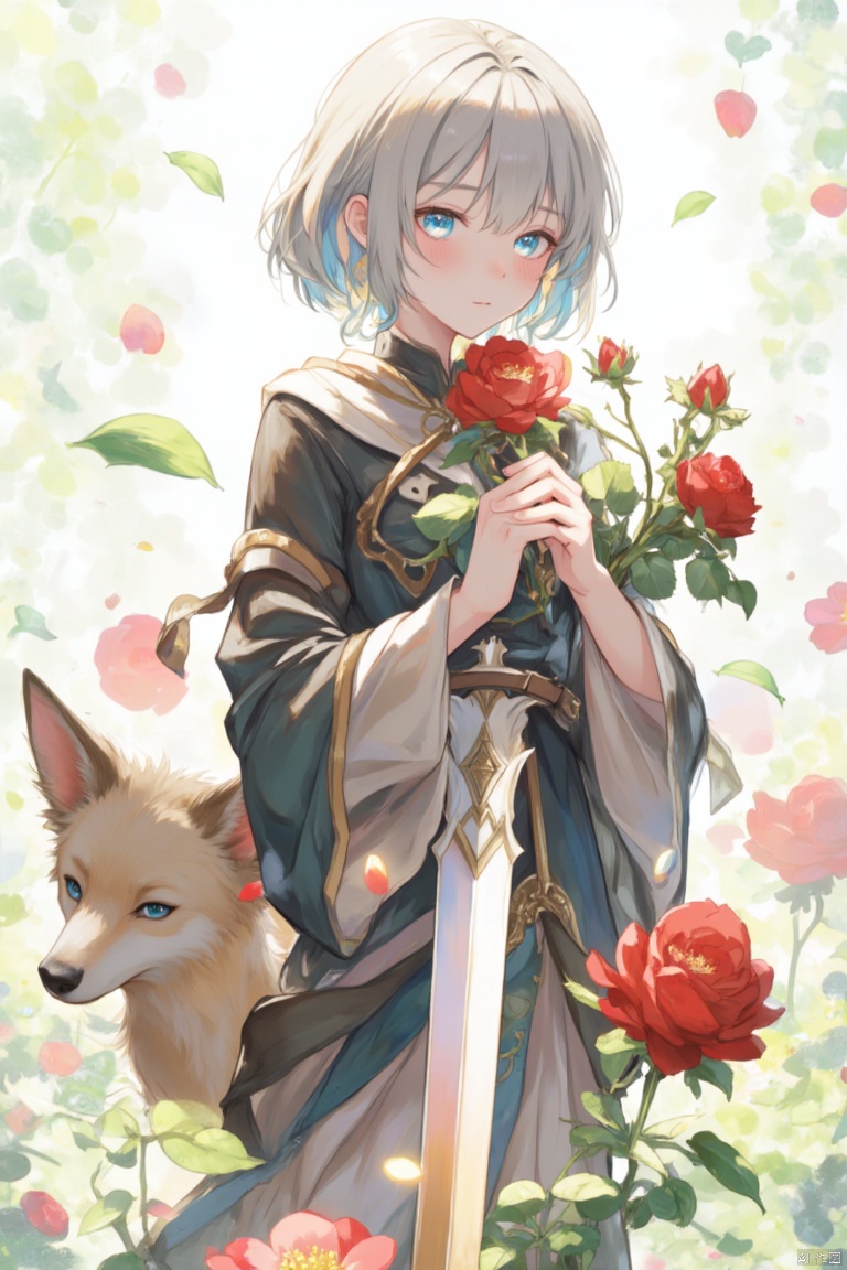 1girl, solo, looking at viewer, blush, short hair, blue eyes, long sleeves, dress, holding, closed mouth, standing, weapon, flower, grey hair, multicolored hair, sword, hood, holding weapon, aqua eyes, petals, rose, animal, leaf, holding sword, hood down, own hands together, plant, red flower, dog, red rose, fox