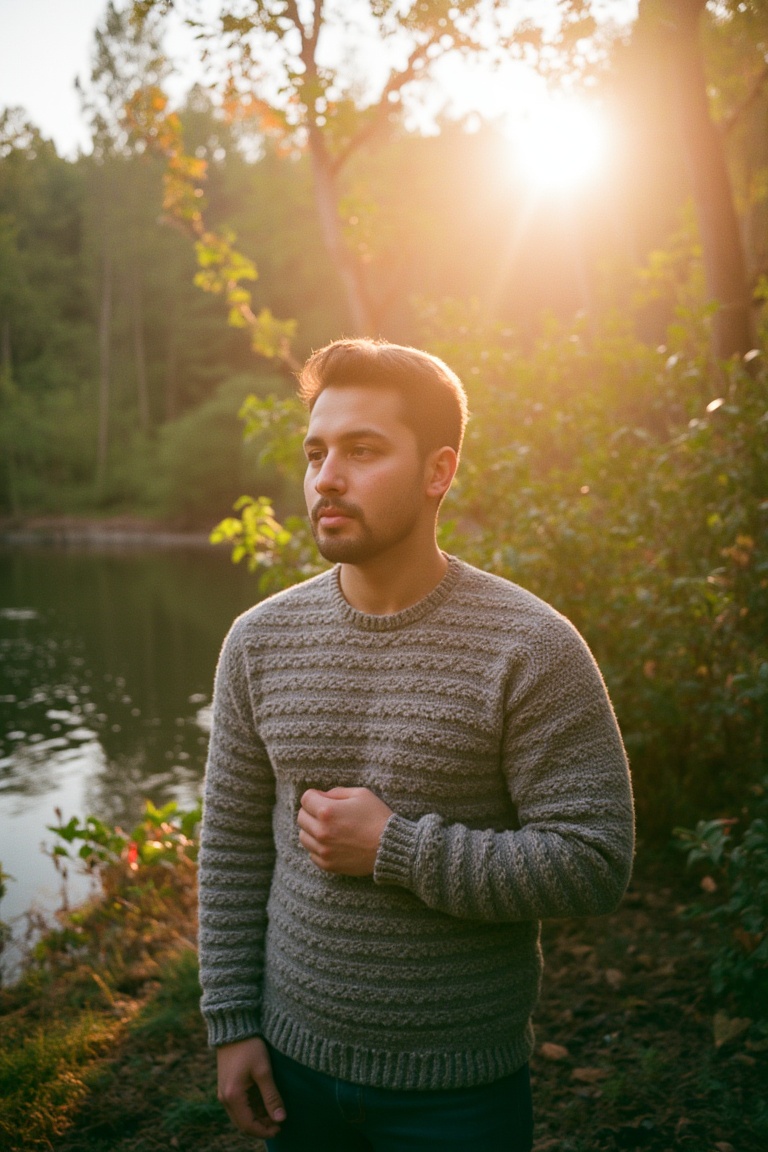 A cinematic film photograph of a man in a cozy knit sweater,  standing at the edge of a misty forest during sunrise,  gold...