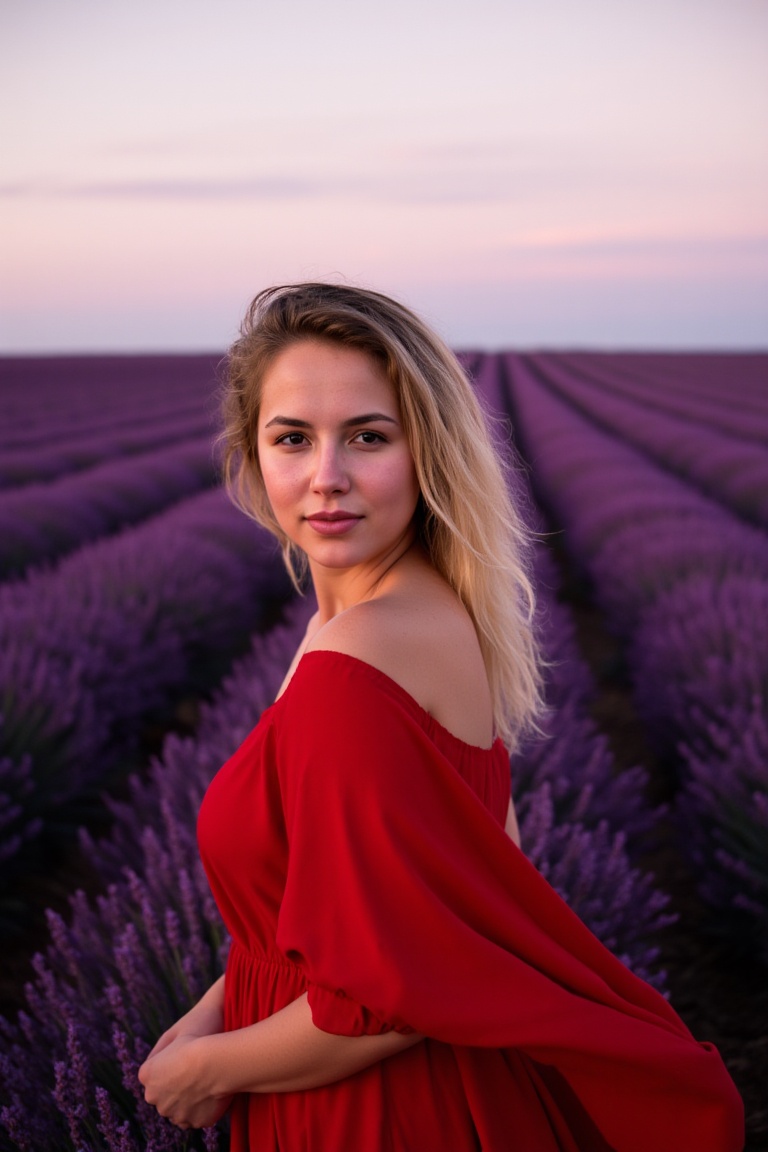 A natural portrait of a woman in a flowing red dress,  standing in a lavender field,  soft evening light casting warm hues...