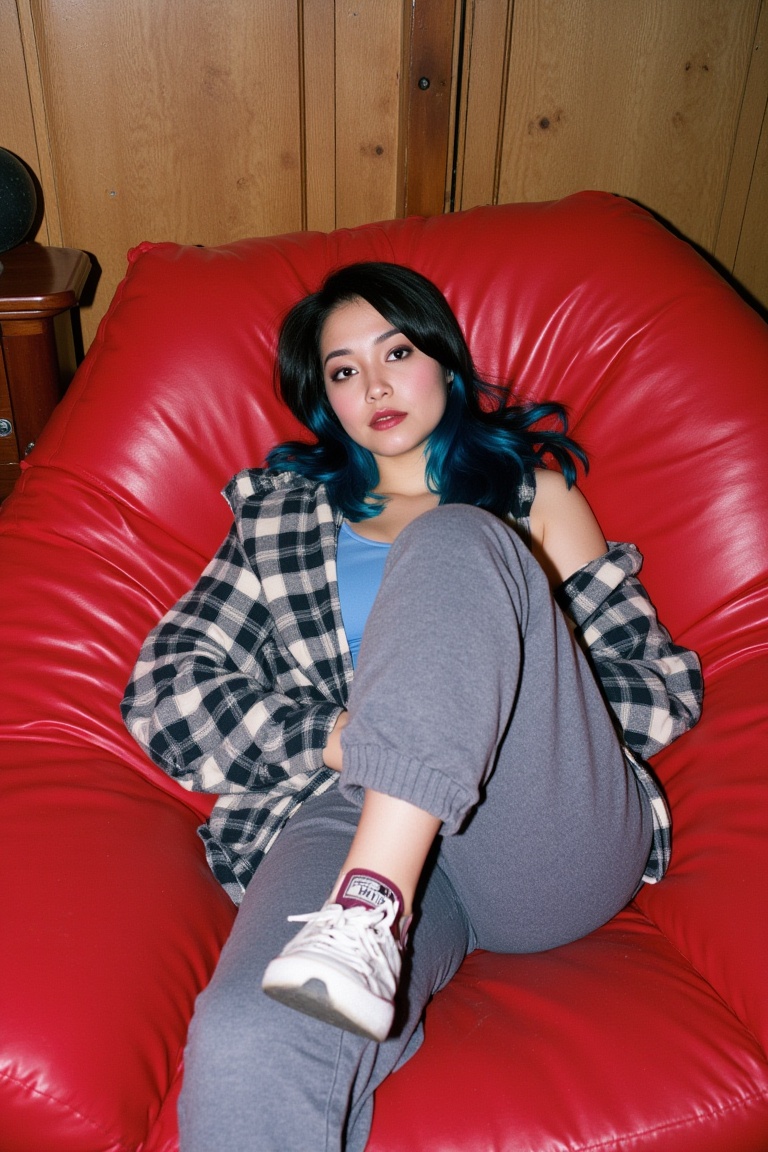 ******* photography of a young woman around 19, Asian American marylee. Mixed Japanese and philipina ethnicity.
Alt style, slightly 1990s Seattle and early 2000s hot topic aesthetics in her dress and makeup. Hint of emo or scene girl style. Tomboy and goth style and attitude.
The woman is reclining on a red beanbag chair, looking stunning and casual. She's looking off to the side in a candid moment. Indoors, flash photography. 1990s film stock and grain.
She's wearing a baggy grey flannel shirt over a tight **** top. Baggy pants with converse. Long black hair with a bright blue highlight. Actual 1995 film print photography, ******* photography, 