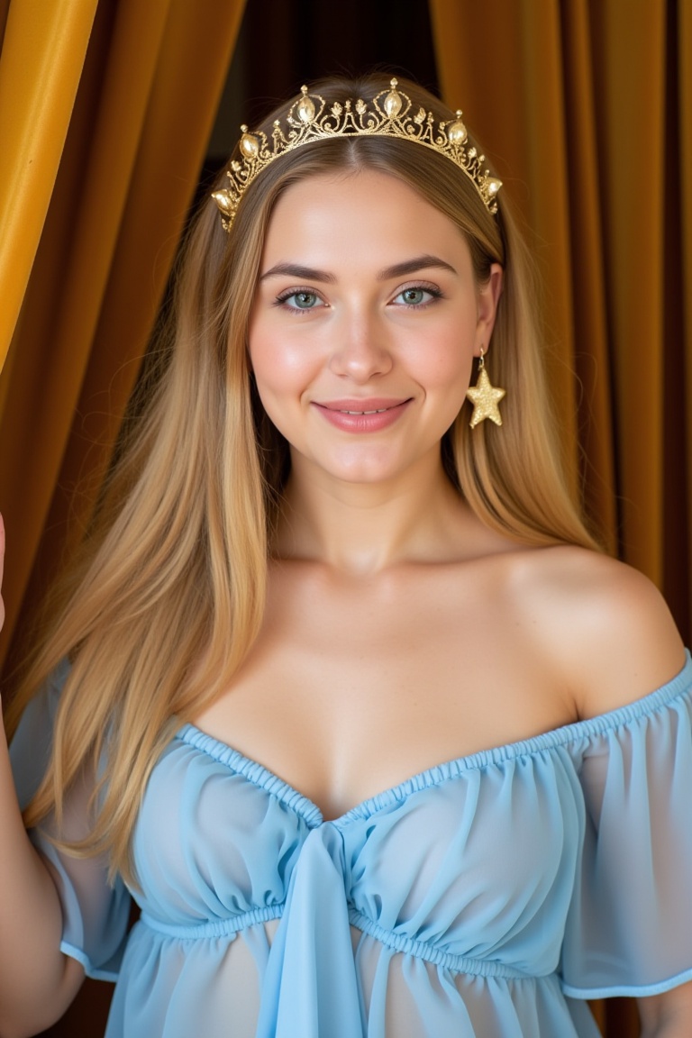 detailed skin pore style, photograph featuring an attractive young woman with long, flowing blonde hair, adorned with a delicate golden crown, exuding a fairy tale charm. She wears elegant gold star-shaped earrings that catch the light beautifully. Her dress is a soft, ethereal blue with sheer elements, adding a dreamy quality to the scene. The background features luxurious drapery in warm, muted tones that contrast with the cool blue of her attire. Soft, natural lighting illuminates her radiant skin, highlighting her gentle smile and captivating eyes.
