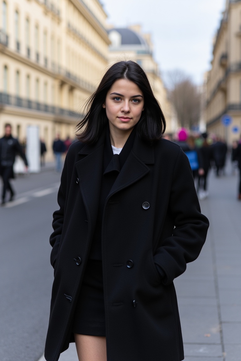 A young woman with black hair and blue eyes, wearing a large black coat, and mini skirt is in the streets of Paris. The scene is set during the Fall season.