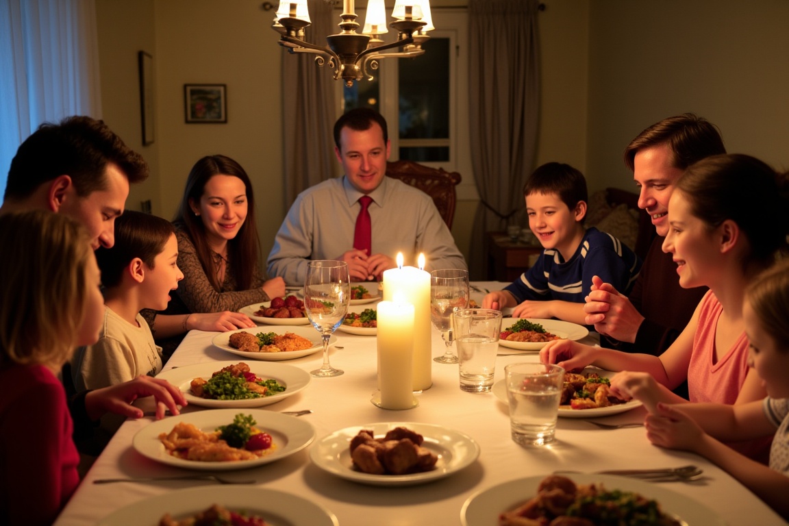 Around a large dinner table, a family gathers for their evening meal, the table set with plates of home-cooked dishes that fill the room with mouthwatering aromas. The clinking of silverware and the murmur of conversation create a cozy, intimate atmosphere. Parents ask their children about their day, listening intently as stories of school and work unfold. Laughter erupts as someone shares a funny anecdote, and the warmth of togetherness envelops the room. Candles flicker softly in the center of the table, casting a gentle glow over the smiling faces.
