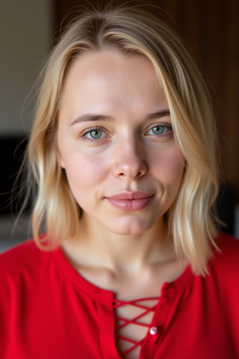 RAW photo, a candid full body portrait of a beautiful blonde woman wearing a (red shirt), 8k uhd, dslr, soft lighting, high quality, film grain, Fujifilm XT3
small chin, (no freckles:0.5), (no cleft chin:1.5), perfect eyes, glowing irises, ((even eyes)), ((even pupils)), round iris, detailed pupils, light reflections, visible cornea, blood vessels, (wet skin:1.1), (sweat:1.1), white winter skin, wax skin, marble skin, pale skin, clear skin, [[skin blemishes]], skin pores, blush, flushed cheeks, [[[[[moles]]]]], wrinkles, [[[[vitiligo spots]]]], [[whiteheads]], [[[blackheads]]], [pimples], perfect hands, shiny bright eyes, centered pupils, blood vessels in sclera, detailed skin, [[oiled shiny skin]], beauty spots, skin fuzz, shine from within, hands off face, moles, nipples, not asian  