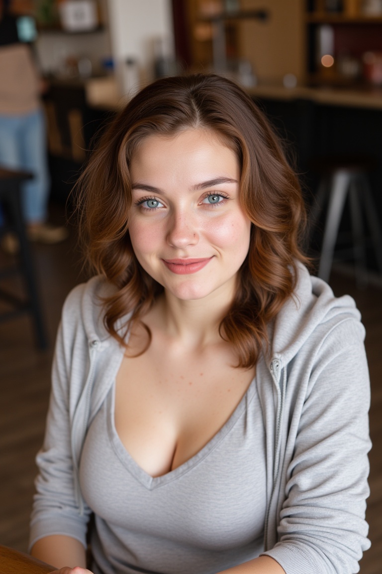 a 20 year old woman wearing  hoodie ,round breast, cleavage. Pale skin, freckles, wavy brown hair, blue eyes, beautiful eyelashes, Looking up at the viewer, photo taken from above. She is sitting at a table in a busy coffee shop.she has a subtle flirtatious smile