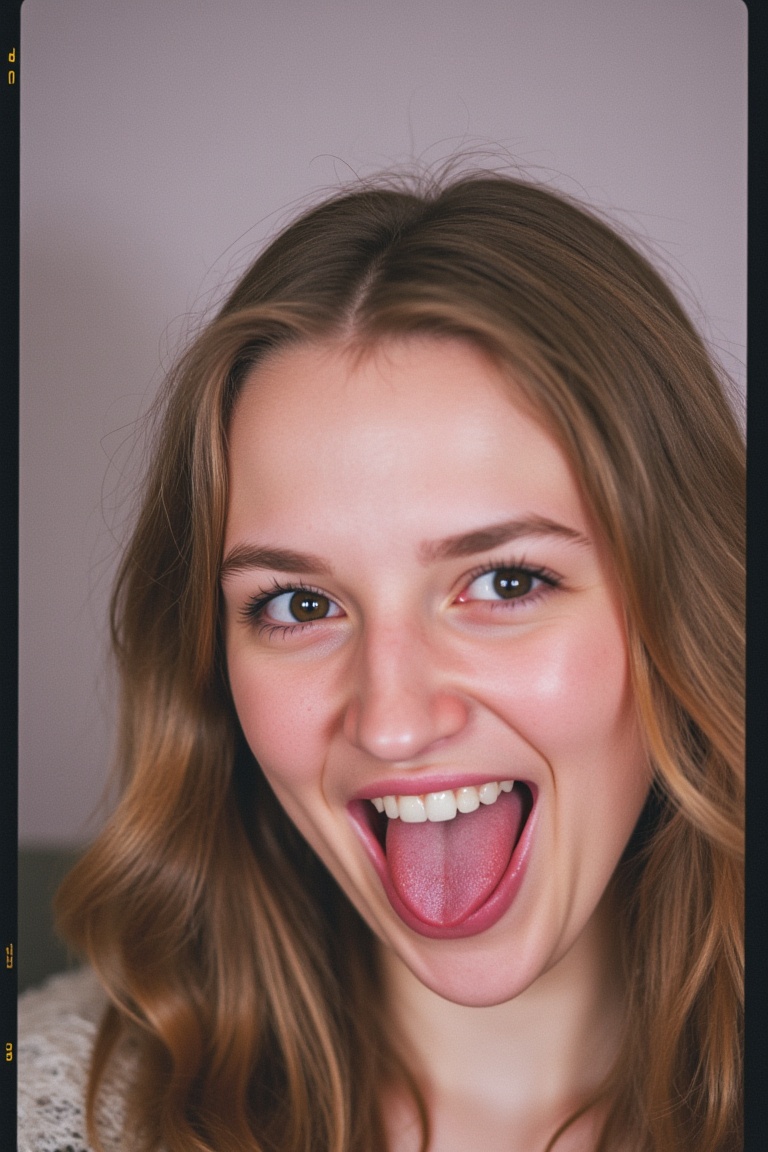 Authentic share, ******* quality phone photo in bad resolution of a 18yo woman sticking out her tongue playfully. The image is slightly grainy and out of focus, with visible noise, emphasizing its candid and impromptu nature. The background is indistinct, adding to the casual, unpolished feel of the photo. The girl’s expression is fun and carefree, captured in a spontaneous moment with imperfect lighting that adds to the overall charm of the snapshot.