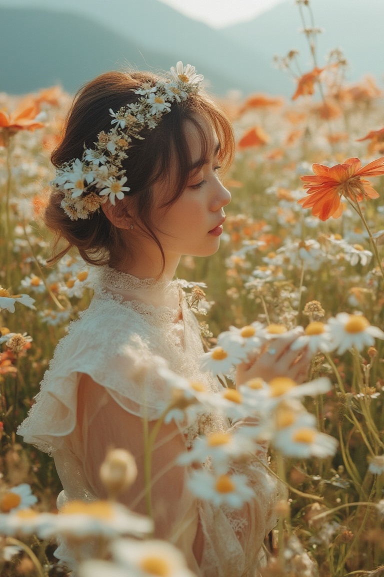 beautiful fashion_shot of korean woman in flower field,  professional photo,  cute on Tensor.Art