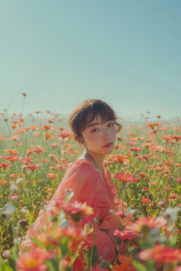 beautiful fashion_shot of korean woman in flower field,  professional photo,  cute on Tensor.Art