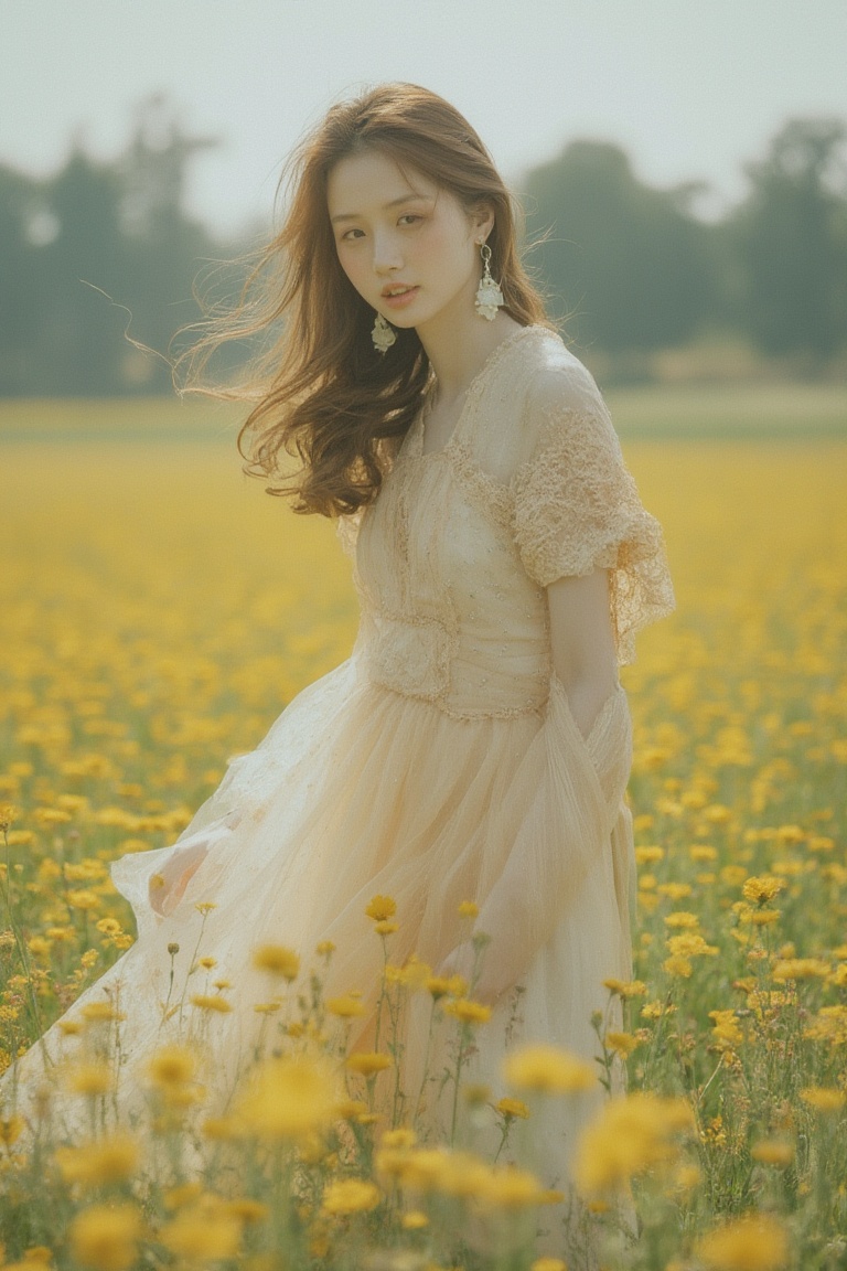 beautiful fashion_shot of korean woman in flower field,  professional photo,  cute on Tensor.Art