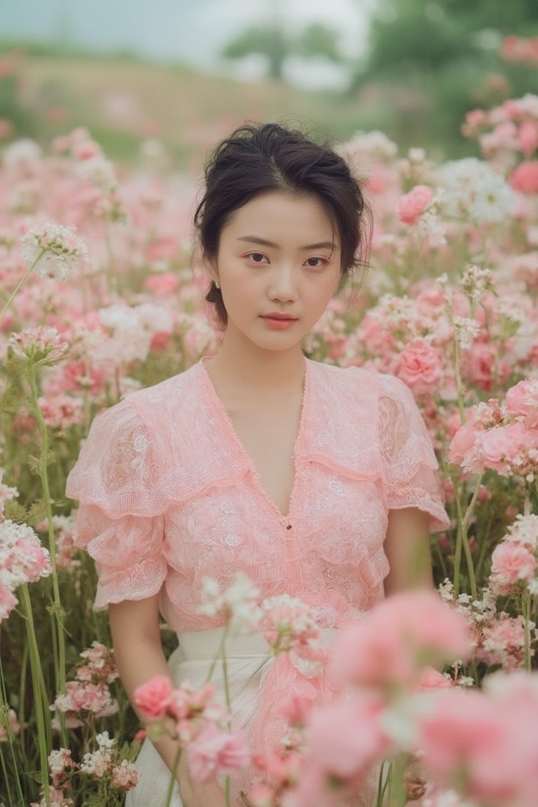 beautiful fashion_shot of korean woman in flower field,  professional photo,  cute on Tensor.Art