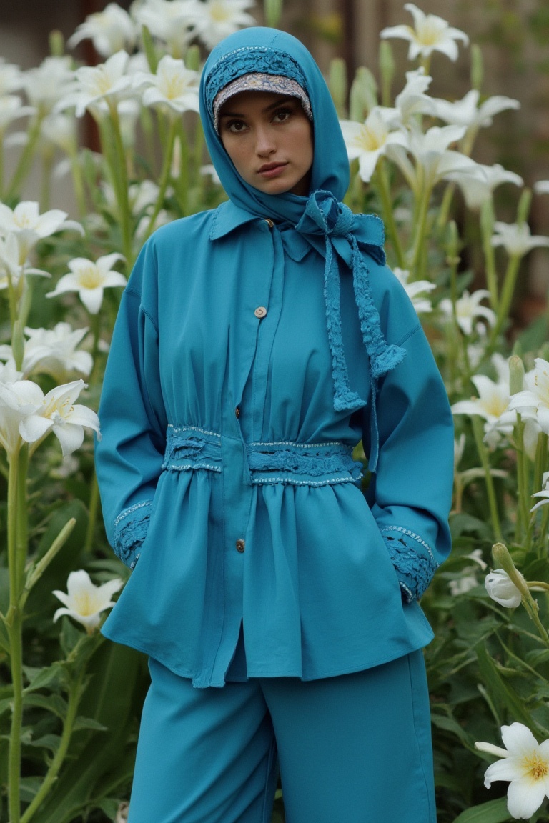 fashion_shot of arabic woman in blue jacket,  medium shot,  depth on Tensor.Art