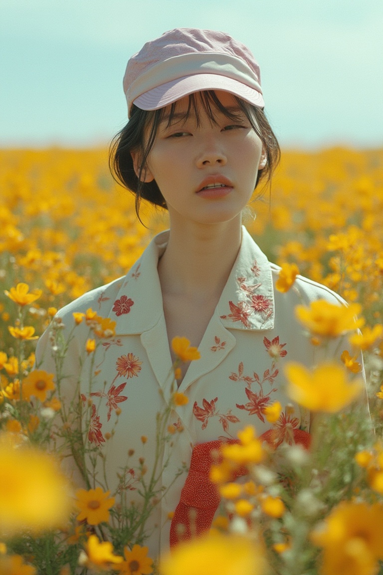 fashion_shot of korean woman in flower field,  professional photo on Tensor.Art