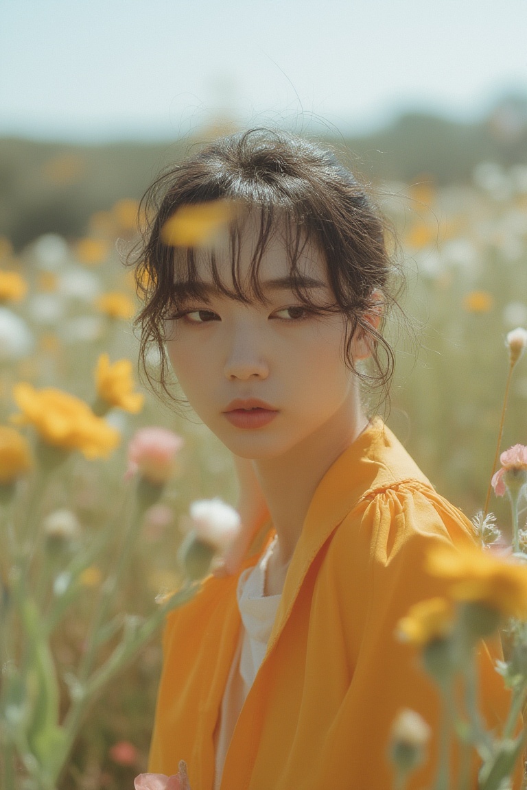 fashion_shot of korean woman in flower field,  professional photo on Tensor.Art