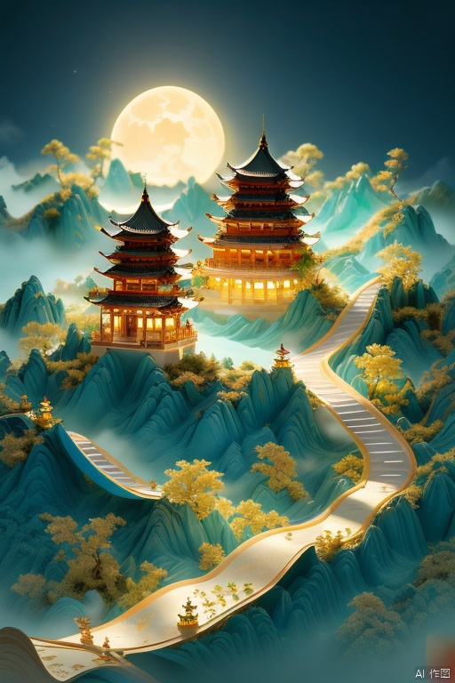 A tranquil Chinese temple scene unfolds, bathed in warm sunlight from the upper left corner. Lush greenery wraps around the structure's majestic blue facade, adorned with vibrant red pillars and brilliant blue roof tiles. Yellow flowers and white stars twinkle against a dark blue backdrop, where wavy lines dance beneath.,Chinese Picture Scroll