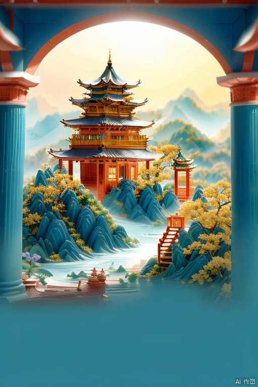 A tranquil Chinese temple scene unfolds, bathed in warm sunlight from the upper left corner. Lush greenery wraps around the structure's majestic blue facade, adorned with vibrant red pillars and brilliant blue roof tiles. Yellow flowers and white stars twinkle against a dark blue backdrop, where wavy lines dance beneath.
