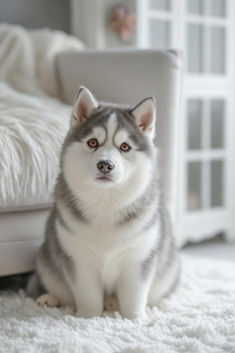 A Husky sits on a fluffy white blanket. My eyes are red, and behind me is a white sofa with a white blanket on top. On the right side of the sofa is a white framed window. There are two decorations on the top of the window.