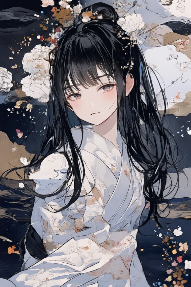 Princess Kaguya's gentle gaze,  enveloped in the soft glow of the full moon against a background of simple Japanese patter...