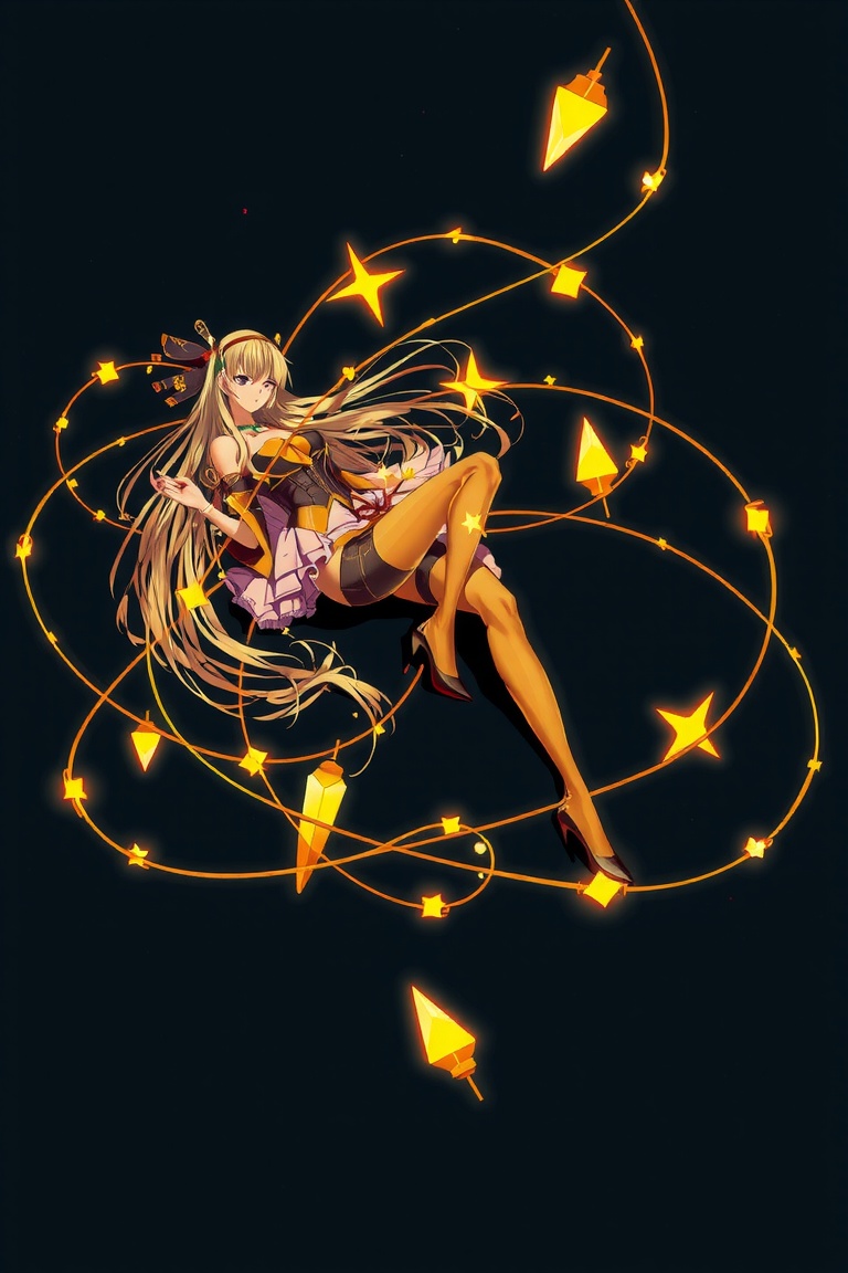 A stylized illustration of a female character with long hair,  wearing stockings and high heels while lying on her side am...