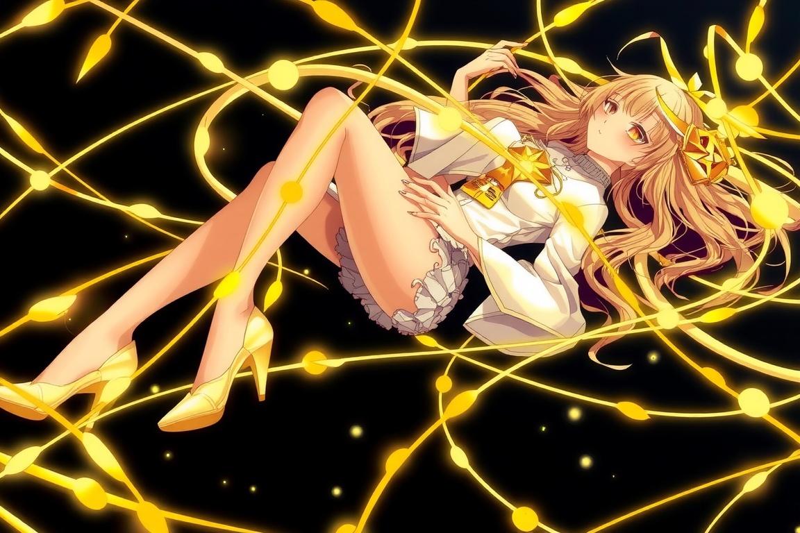 A stylized illustration of a female character with long hair,  wearing stockings and high heels while lying on her side am...