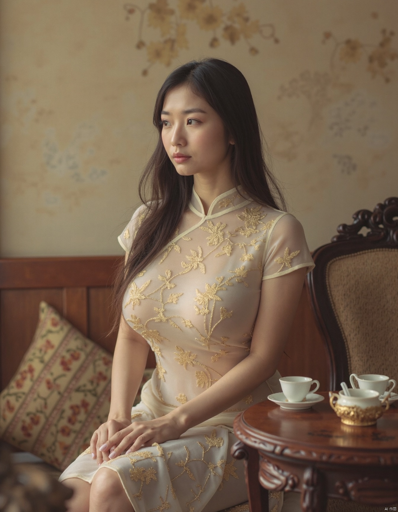 Chinese woman（20yo） sits against  beige-toned backdrop,busty,large breasts, wearing a sheer cheongsam with gold embroidery. A tea set is on an ornate table. Her long hair flows down her back, and she gazes into the distance. The woman has a full figure with prominent curves, and her skin appears pale in the light.