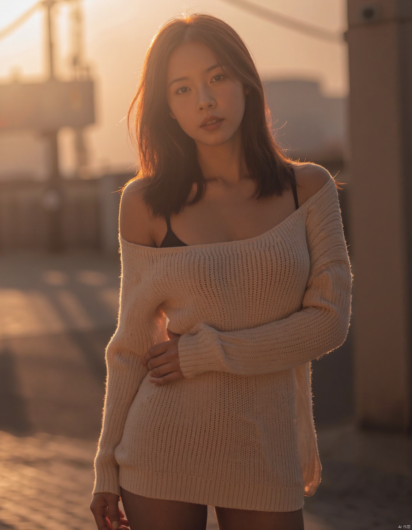 a woman with beautiful curves,(((large breasts))), tight off shoulder sweater,shinny pantyhosebstreet,sunset ,asian idol beauty