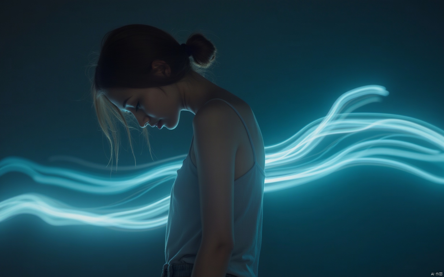 long exposure photo of {1girl,camisole} . Blurred motion, streaks of light, surreal, dreamy, ghosting effect, highly detailed, curves,asian idol beauty