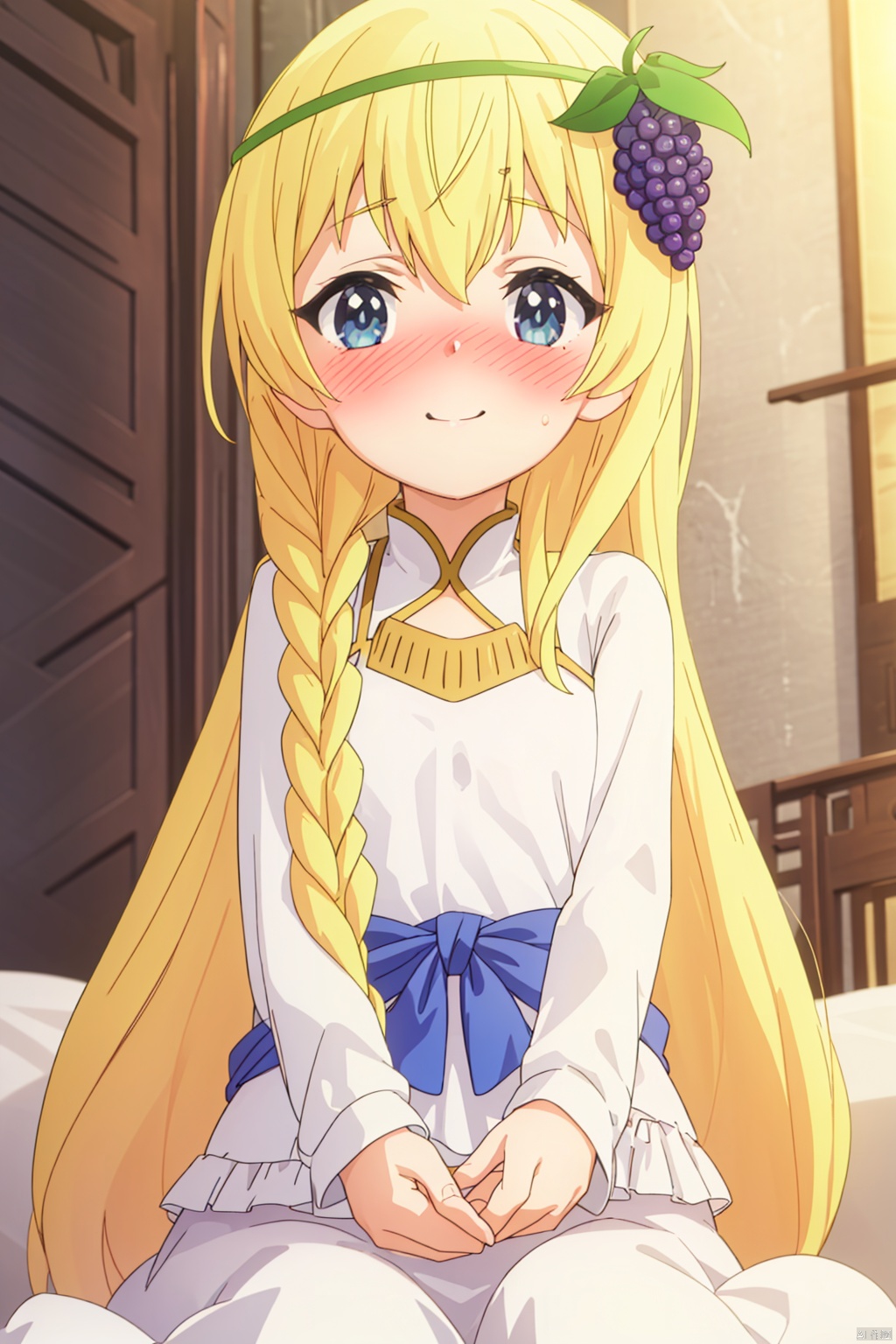 1girl,(loli:1.2), solo ,long hair,Long flowing hair, looking at viewer ,smile, blue eyes, blonde hair ,palace,hair ornament ,long sleeves, white dress,braid frills food , grapes,index finger raised,(Blushing:1.3),(shy:1.3),( from below:1.2),wariza/w-sitting,in bed