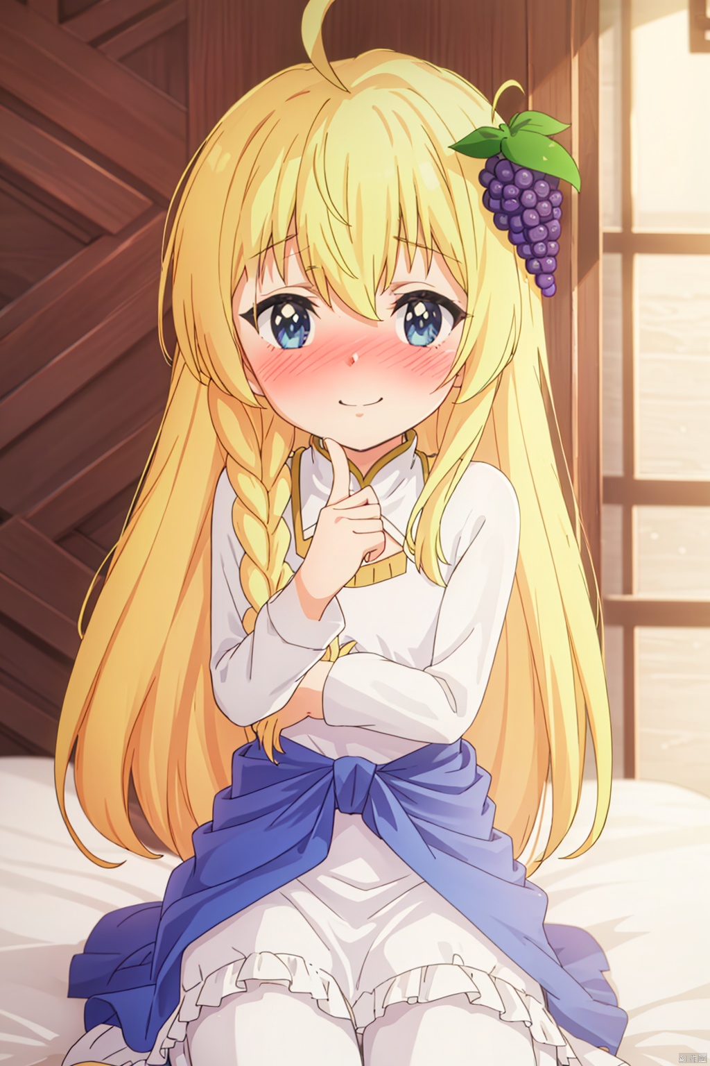 1girl,(loli:1.5), solo,(ahoge:1.4) ,long hair,Long flowing hair, looking at viewer ,smile, blue eyes, blonde hair ,palace,hair ornament ,long sleeves, white dress,braid frills food , grapes,index finger raised,(Blushing:1.3),(shy:1.3),,in bed,kneeling